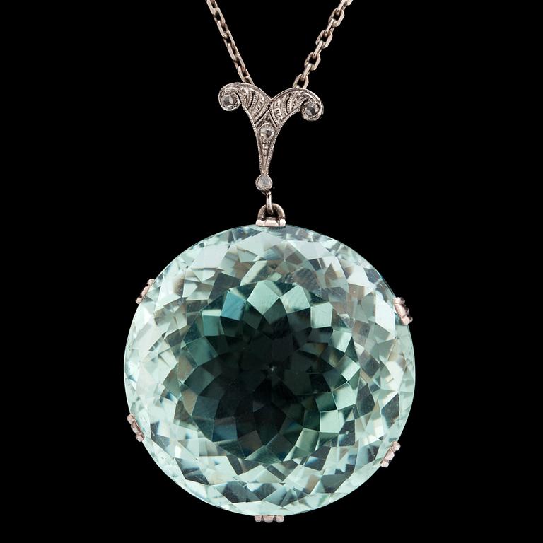 A large faceted aquamarine and diamond pendant, c. 1930's.