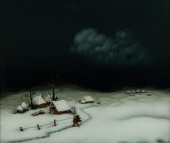 Mijo Kovacic, Winter Landscape with Walking Figure.