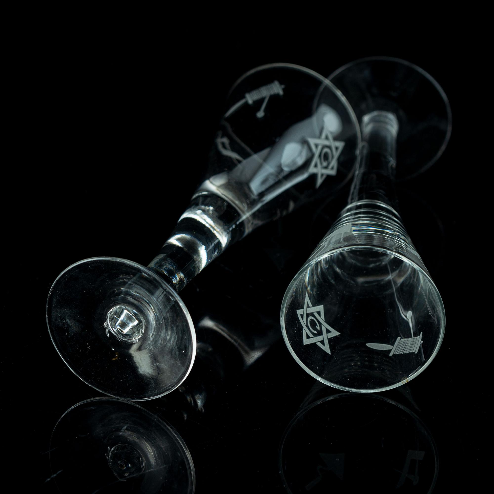 A set of six freemason glasses, 20th century.