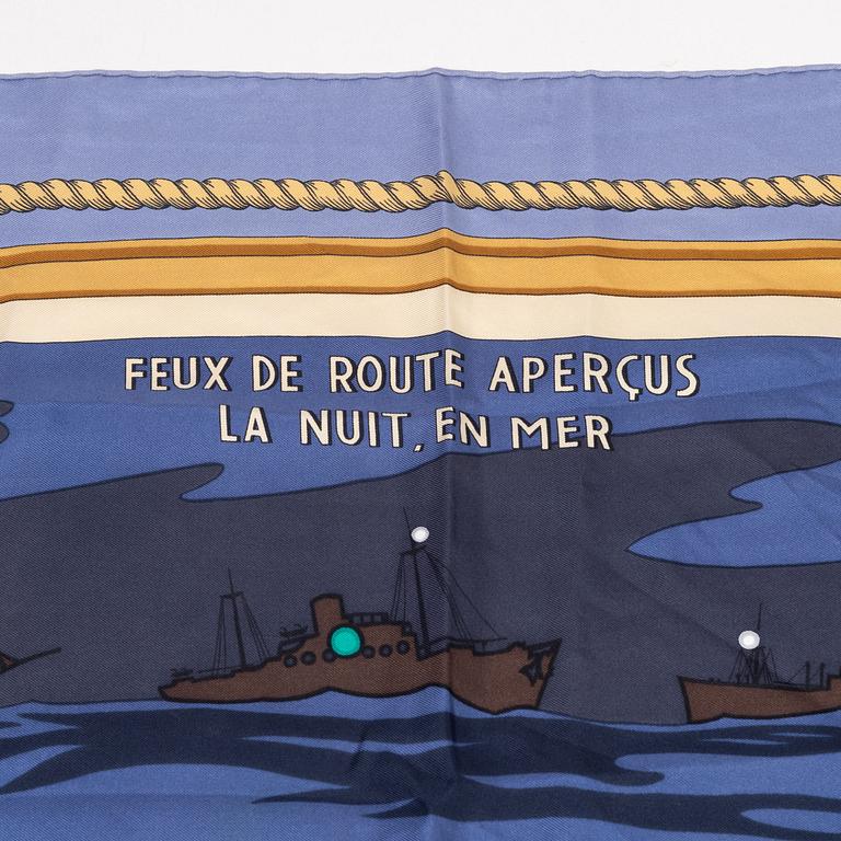 Hermès, scarves, 2 pcs, "Crowns / Couronnes" & "Feux de Route Apercus la Nuit, en Mer", Julia Abadie, Pierre Péron.