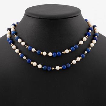 Collier lapis lazuli och odlade pärlor med rondeller.