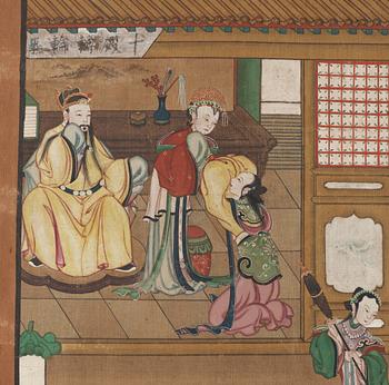 A painting with figures in a garden, Qing Dynasty, late 19th Century.