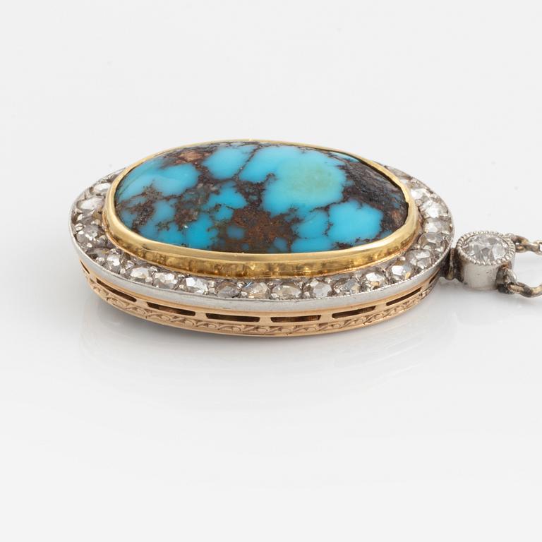 A turquoise pendant in platinum and 14K gold set with old- and rosecut diamonds.