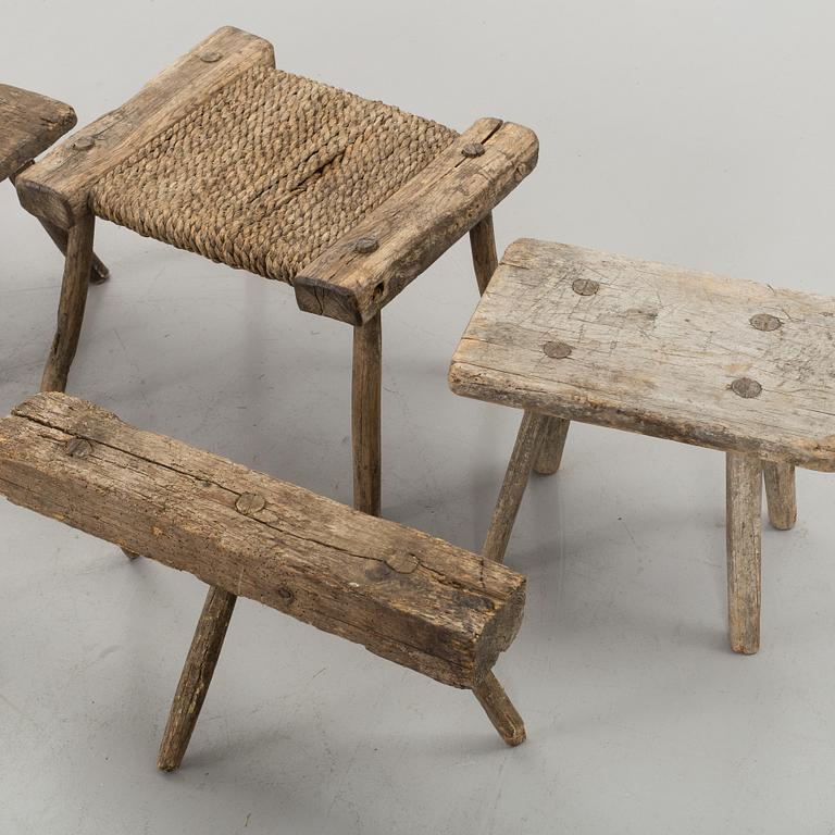 FIVE FOLKLORE STOOLS.