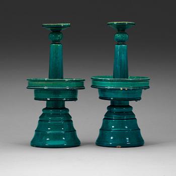 A pair of tukoise glazed alatar sticks, Qing dynasty, 19th Century.