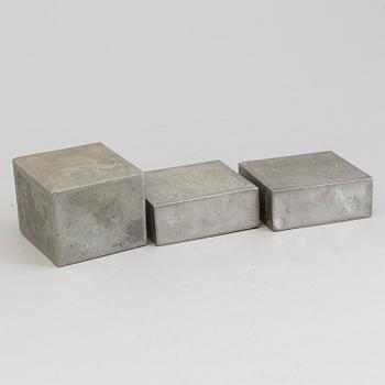 Three Chinese teacaddies in tin, Qing dynasty, 19th century.