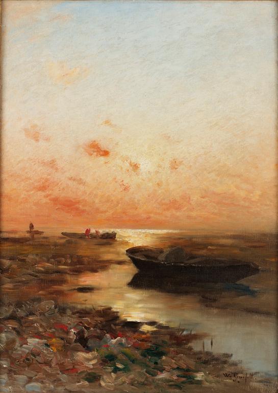 Wilhelm von Gegerfelt, Kustlandskap med båtar i solnedgång.