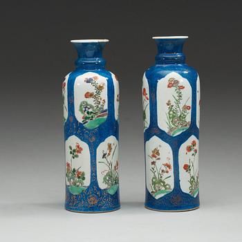 A matched pair of powder blue vases with 'famille-verte' enamels, Qing dynasty, Kangxi (1622-1722).