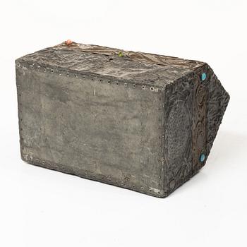 A pewter and copper jewellery box,  with inlaid stones, France, probably circa 1900.