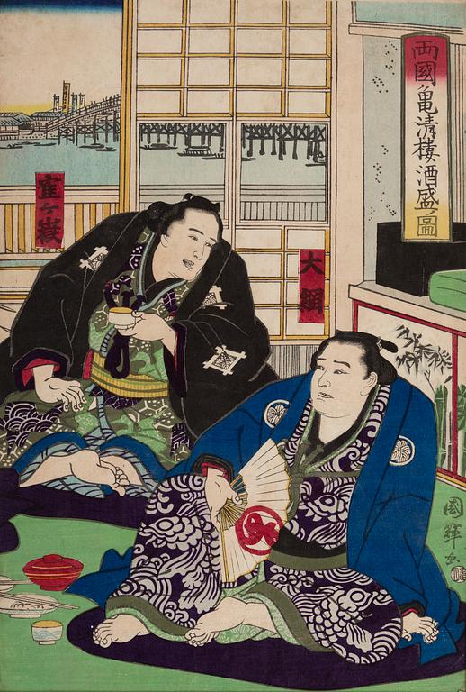 KUNITERU II (1829-74), three colored woodblock prints, triptych, and Two UNIDENTIFIED ARTIST, Japan, 19th century.