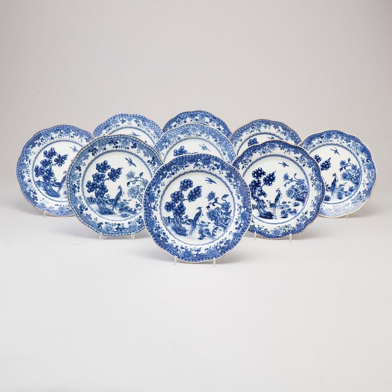 Nine blue and white porcelain plates, Qing dynasty, Qianlong (1736-95).