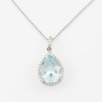 Pendant with chain in 18K white gold set with a faceted aquamarine and round brilliant-cut diamonds.