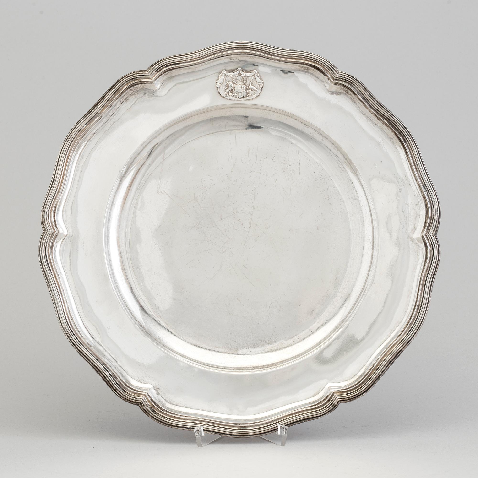 A Swedish silver dish with the family crest of Åkerhielm by Gustaf Möllenborg in Stockholm 1850.
