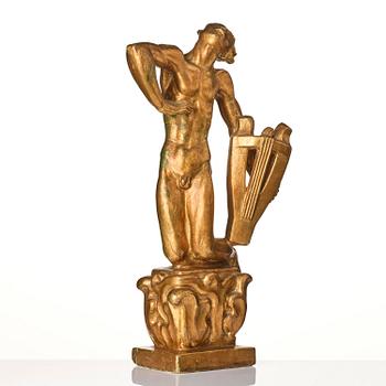John Lundqvist, a gilded plaster sculpture of a lyre player, dated 1928.