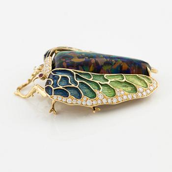 Brooch, butterfly, 18K gold with enamel, synthetic opal, rubies and brilliant-cut diamonds.