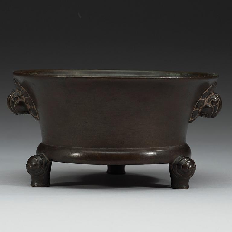 A bronze tripod censer, Ming dynasty (1368-1644) with Xuande six charachter mark.