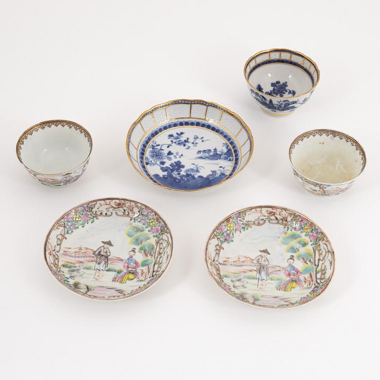 Three Chinese porcelain cups with saucers (2+1), Qing dynasty, Qianlong (1736-95).