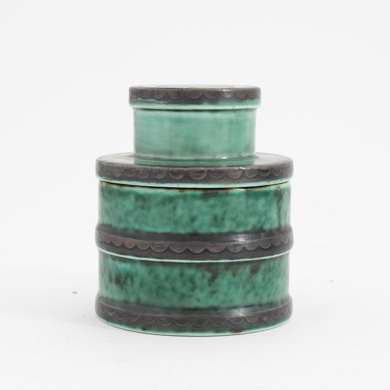 Wilhelm Kåge, vaser, 4 st, skålar, 2 st, fat, 3 st och burkar, 2 st, stengods, "Argenta", Gustavsberg.