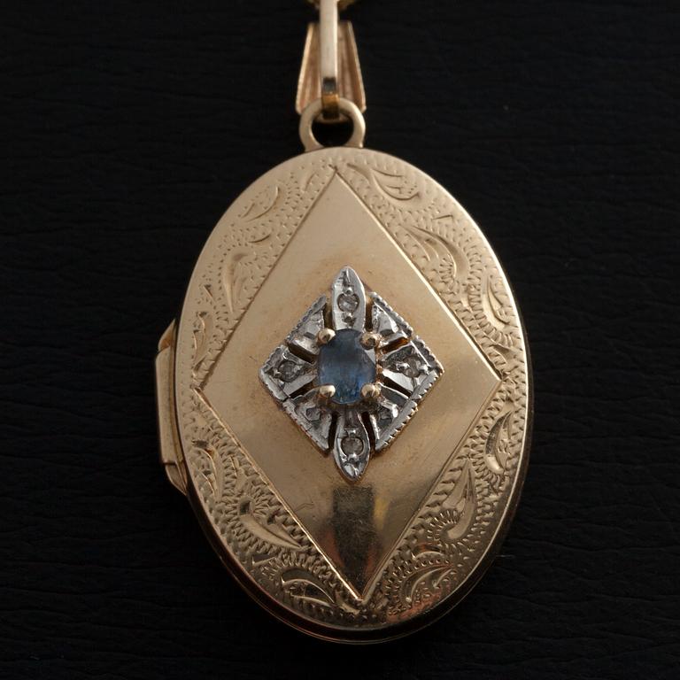 MEDALJONG/HÄNGE, 14K guld, akvamarin, 4 små diamanter. Vikt 5,8 g.