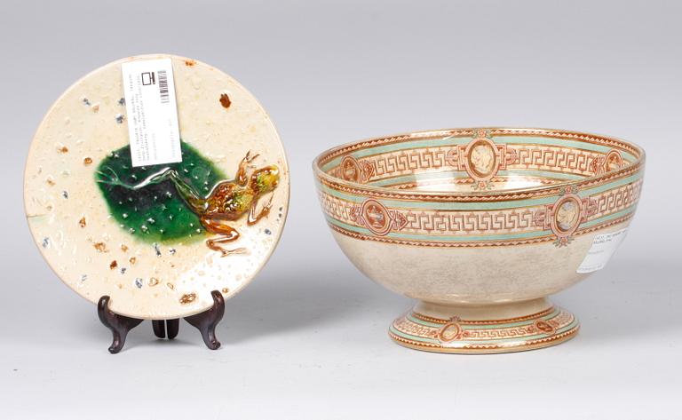 TALLRIK SAMT BÅLSKÅL, lergods resp flintgods, Höganäs resp Gustafsberg. Sekelskiftet 1800/1900.
