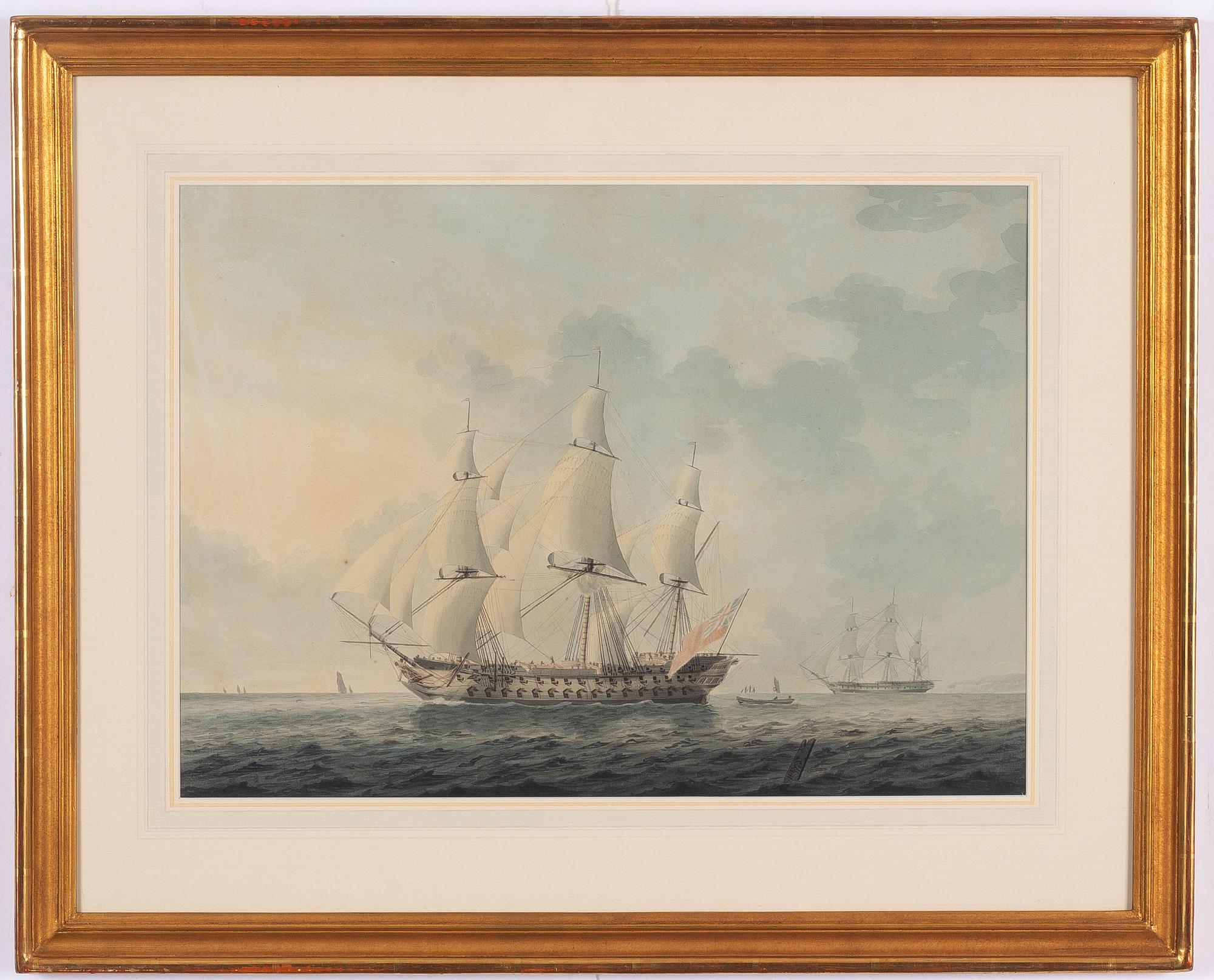 H Evans, 17th/18th century, English line ship off the coast.