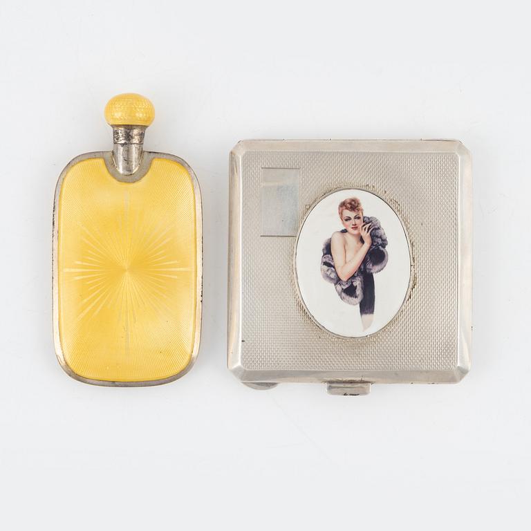 Powder box, silver, and enameled perfume bottle.
