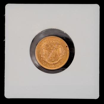GULDMYNT, 10 kronor, Oscar II, 1901. Vikt ca 4 gram.