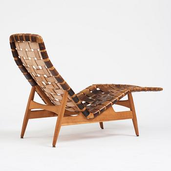 Arne Vodder, a teak chaise longue with black leather straps, Bovirke Denmark 1950's.