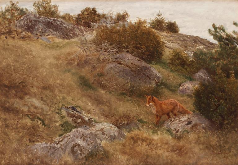 Bruno Liljefors, Landscape with a watchful fox.
