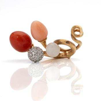 Ole Lynggaard, Pendant, 18K rose gold with red and pink coral, white moonstone and brilliant-cut diamonds, designed by Charlotte Lynggaard.