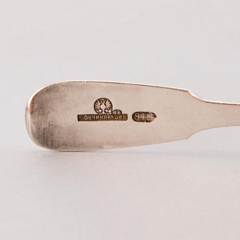 PAVEL OVCHINNIKOV, A set of six silver tea spoons, Moscow 1882-1899. Mark of Ovchinnikov, Imperial Warrant.