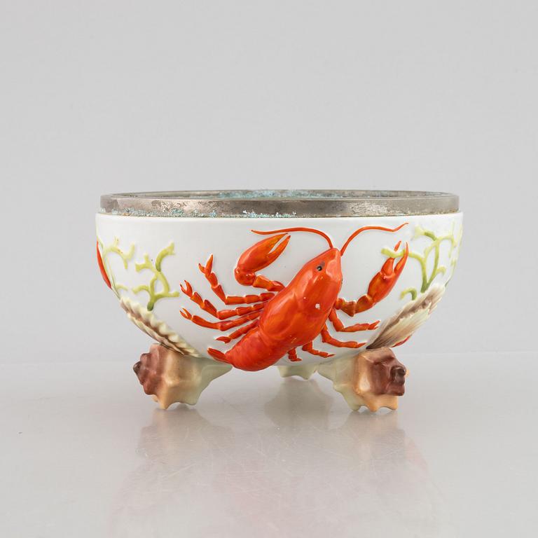 Two crayfish bowls, along with serving utensils and a carafe, late 19th to first half of the 20th Century.