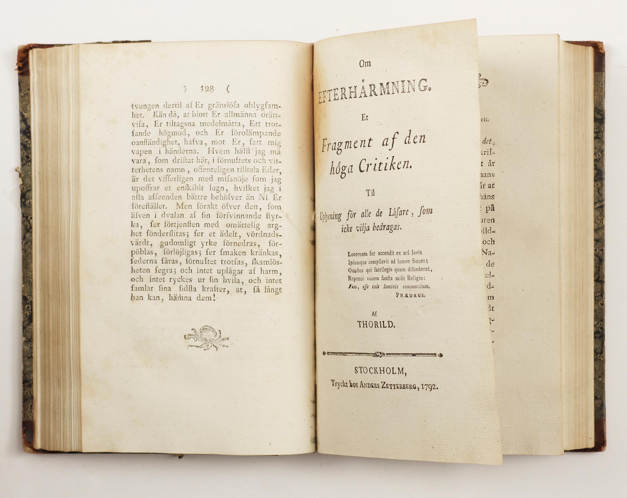 BOK, 10 sambundna verk av Thomas Thorild, af Leopold resp Silfverhielm, Stockholm 1791-94.