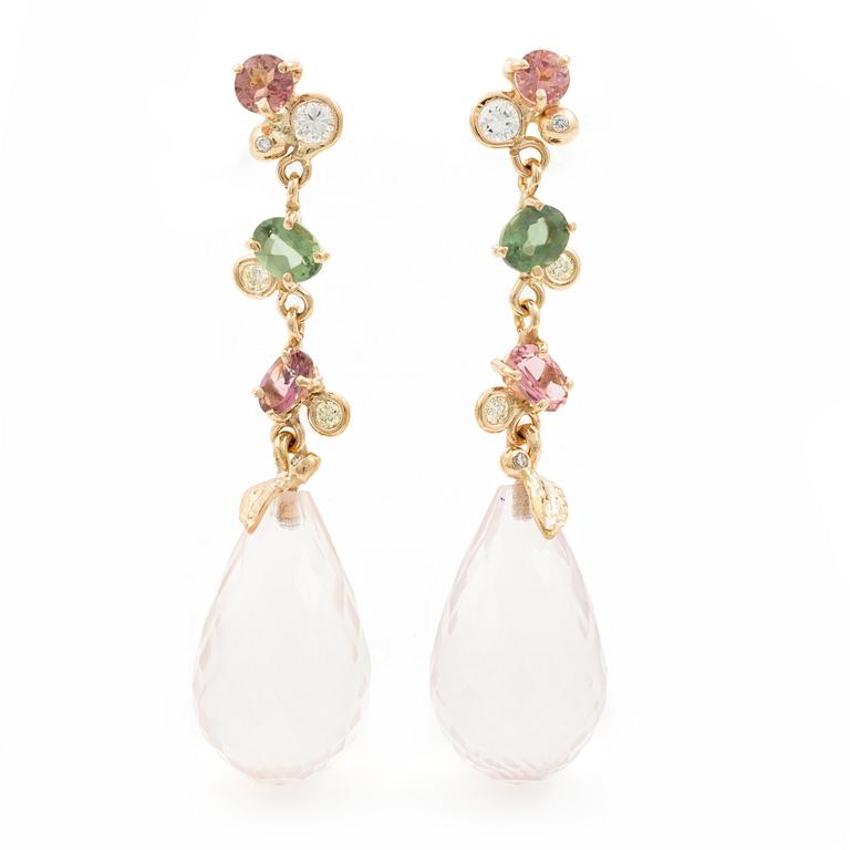 Earrings, Mandelstam, 18K gold with briolette-cut pink quartz, brilliant-cut diamonds, and pink and green tourmalines.
