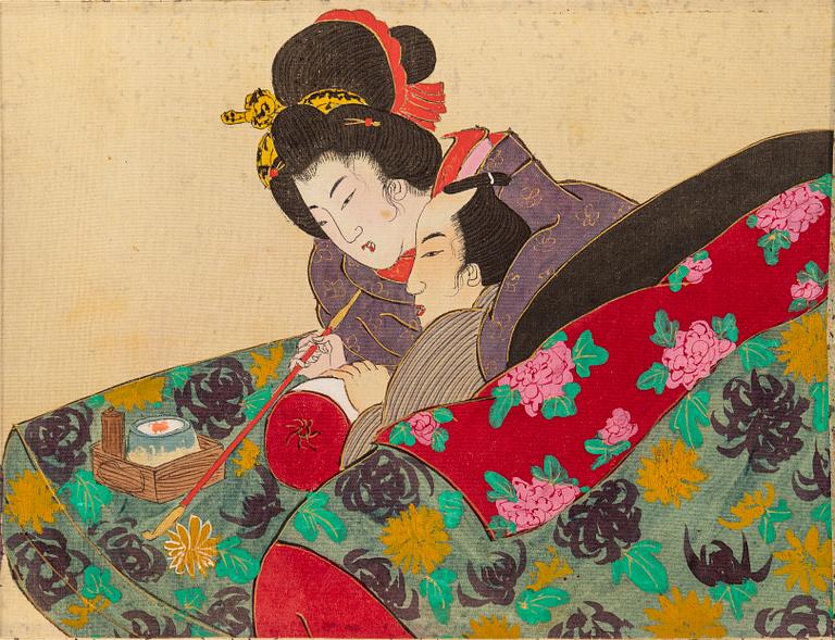 MAKIMONO/RULLMÅLNING, shunga, tusch och färg på siden. Meiji (1868-1912).