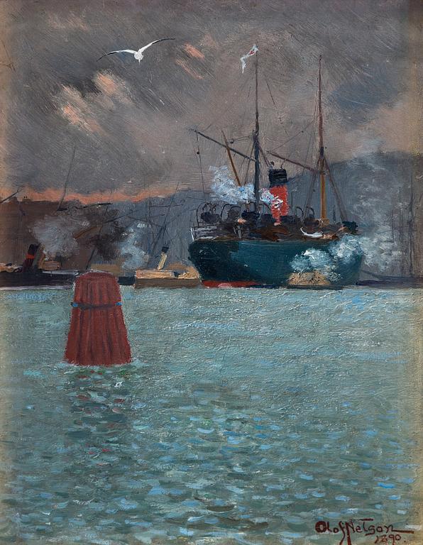 Olof Sager-Nelson, "Ångbåtar i hamn" (Steam ships in harbour).