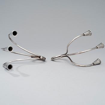 A pair of silver plated candelabra and a candelabrum, FDG, Denmark, mid 20th century.