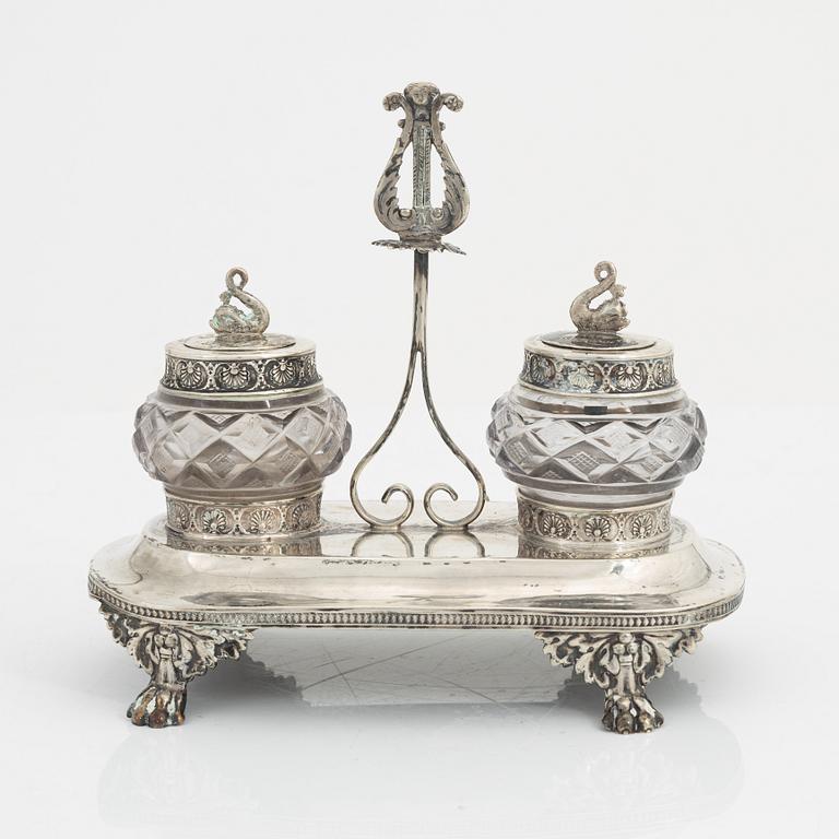 Carl Petter Lampa, skrivställ, silver och glas, empire, Stockholm 1828.