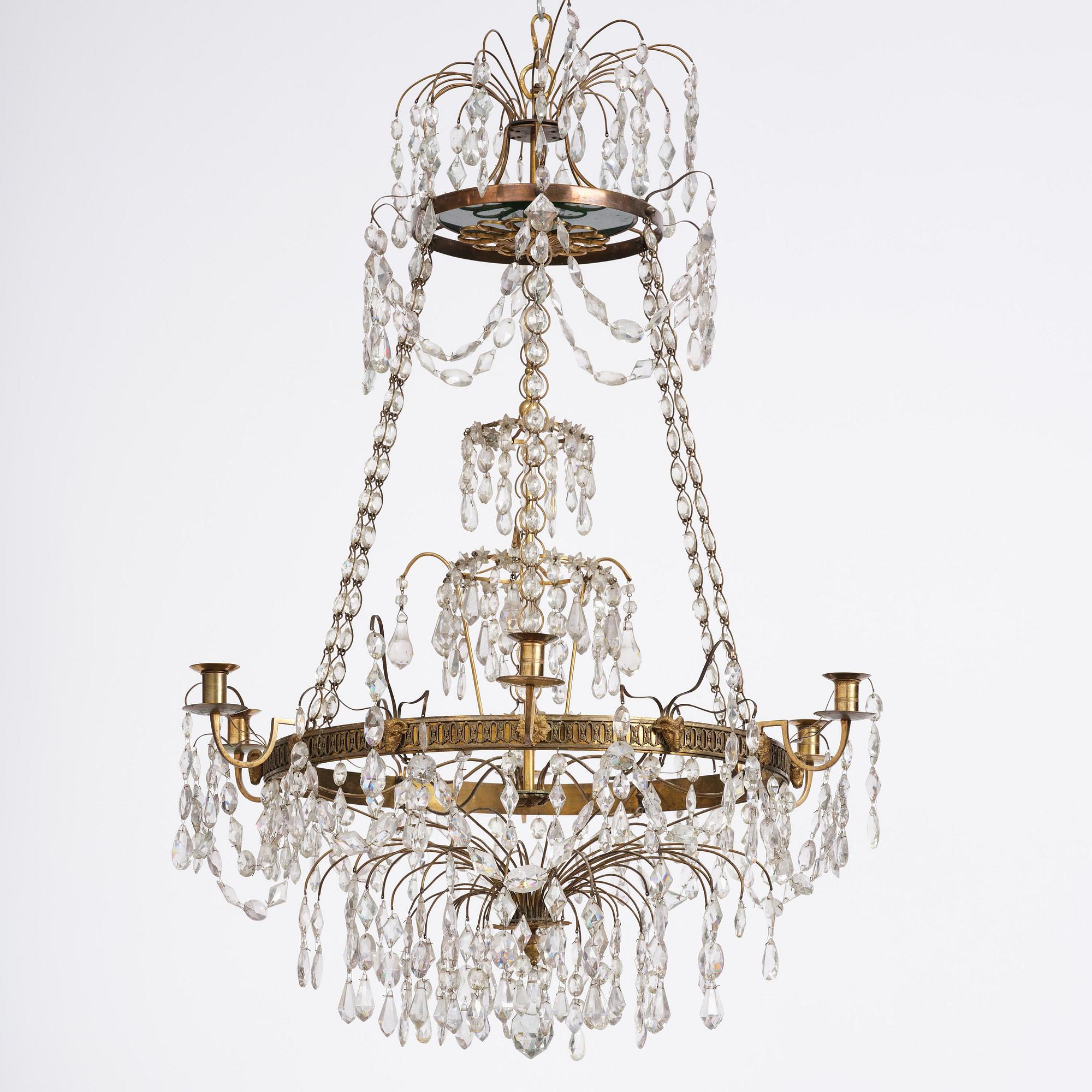 A Late gustavian green top glass six light chandelier.