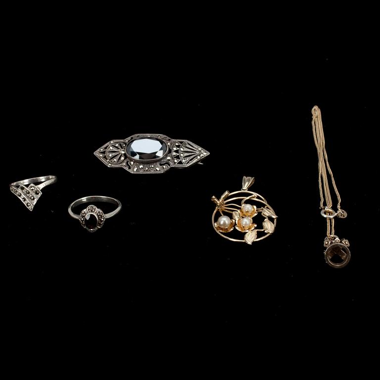 PARTI SMYCKEN, 5 st. silver, hematit, pyrit, granat, pärlor.