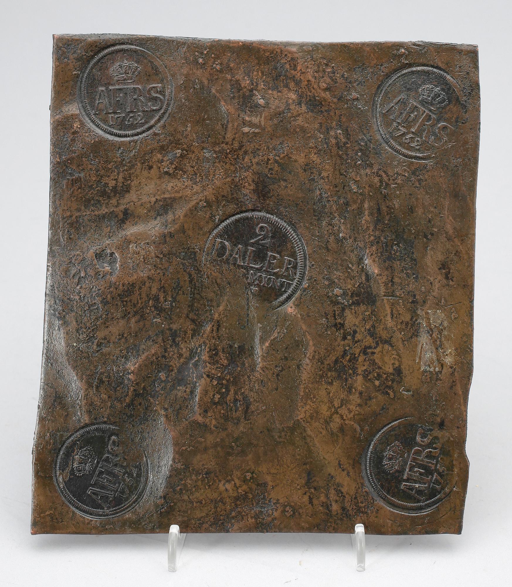 PLÅTMYNT, koppar, 2 daler silvermynt, Adolf Fredrik av Sverige, 1752.