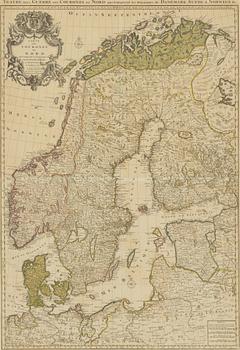 Map Scandinavia, hand-coloured copper engraving, Jean Covens et Corneille Mortier, Amsterdam, Netherlands, 18th Century.