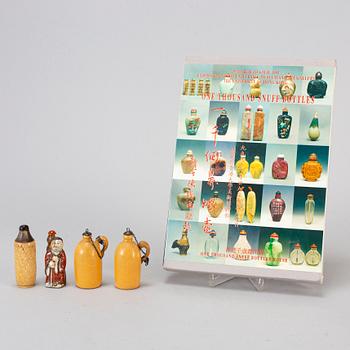 Four Chinese snuff bottles and a Book, 20th century.