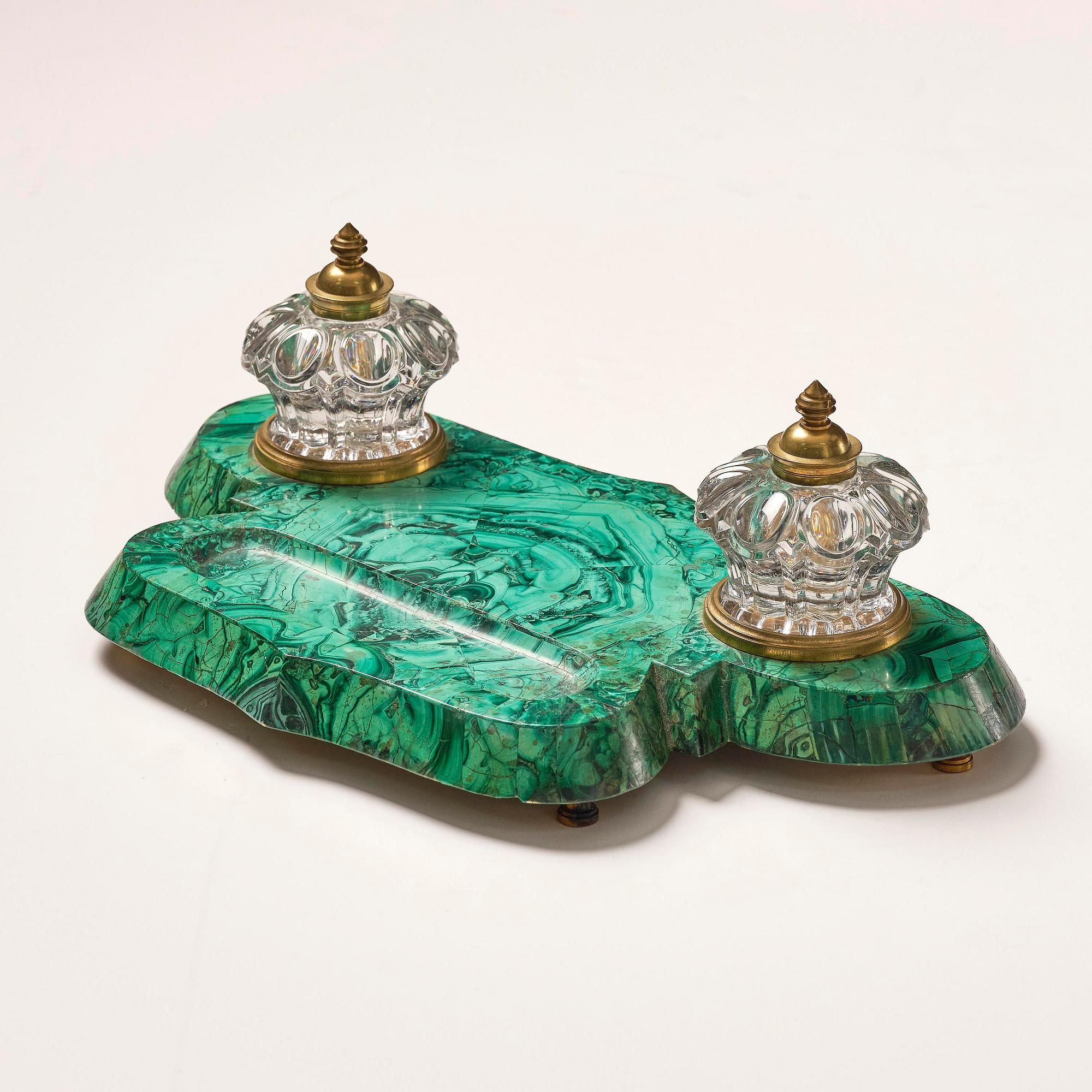 A Russian Alexander III malachite-veneered inkstand, late 19th century.