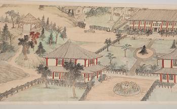 RULLMÅLNING med KALLIGRAFI, motiv från Beijings Universitet, daterad Yanjing (Beijing) våren 1937.