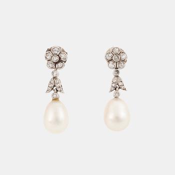 491. A pair of platinum and pearl earrings set with eight-cut diamonds.