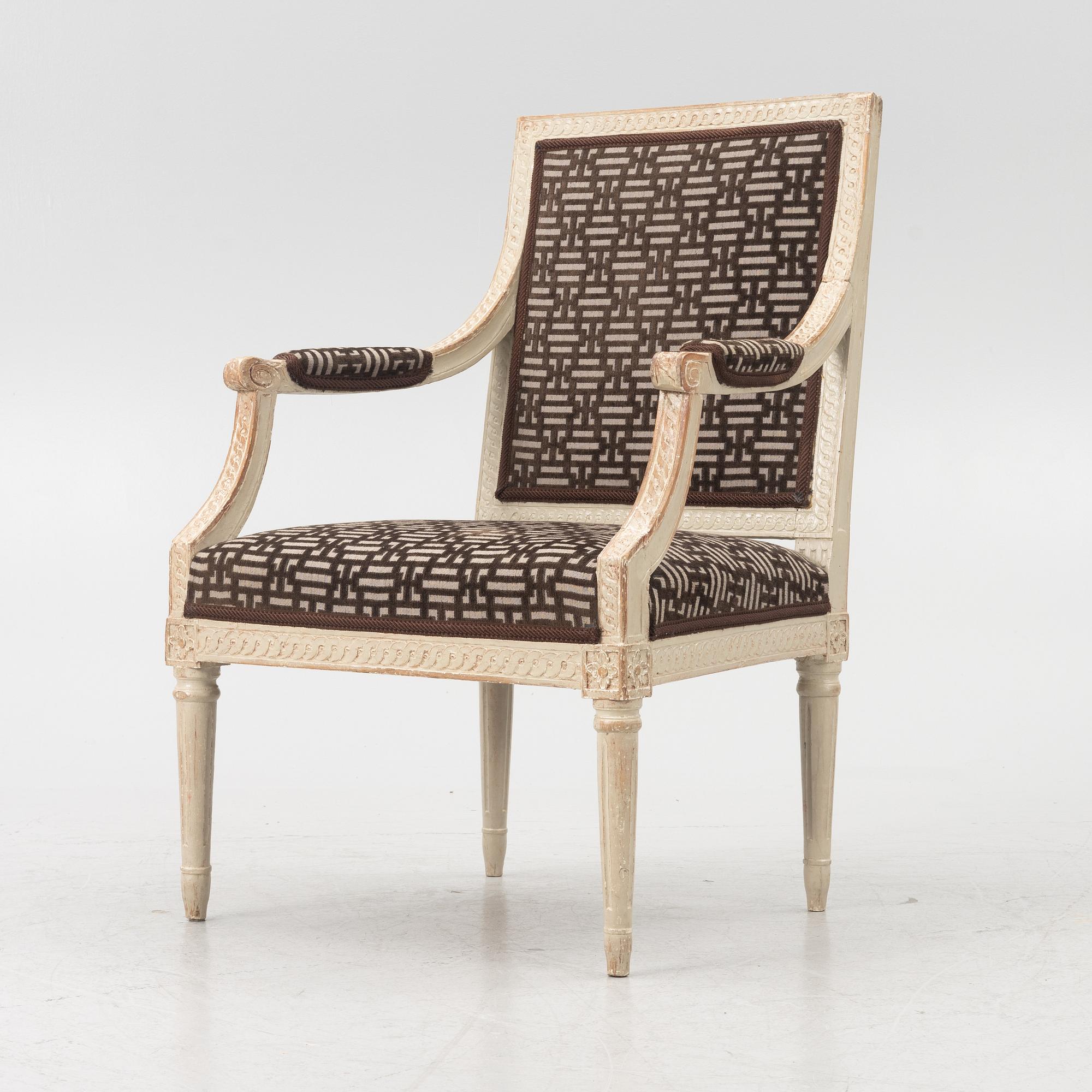 A Gustavian open armchair, Stockholm, late 18th century.