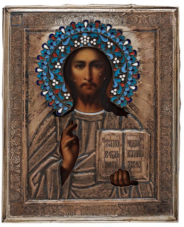 A Russian early 20th century silver and enamel icon, unidentified makers mark, Moscow 1899-1908.