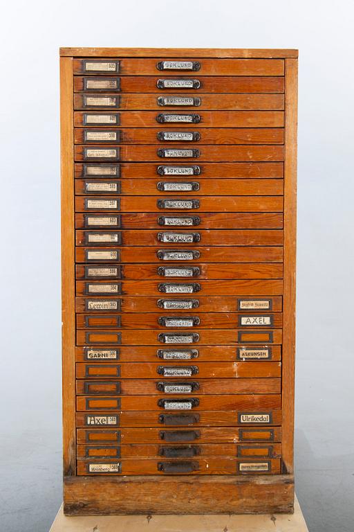 Arkivskåp för typsnitt, "Boklund" omkring 1900.