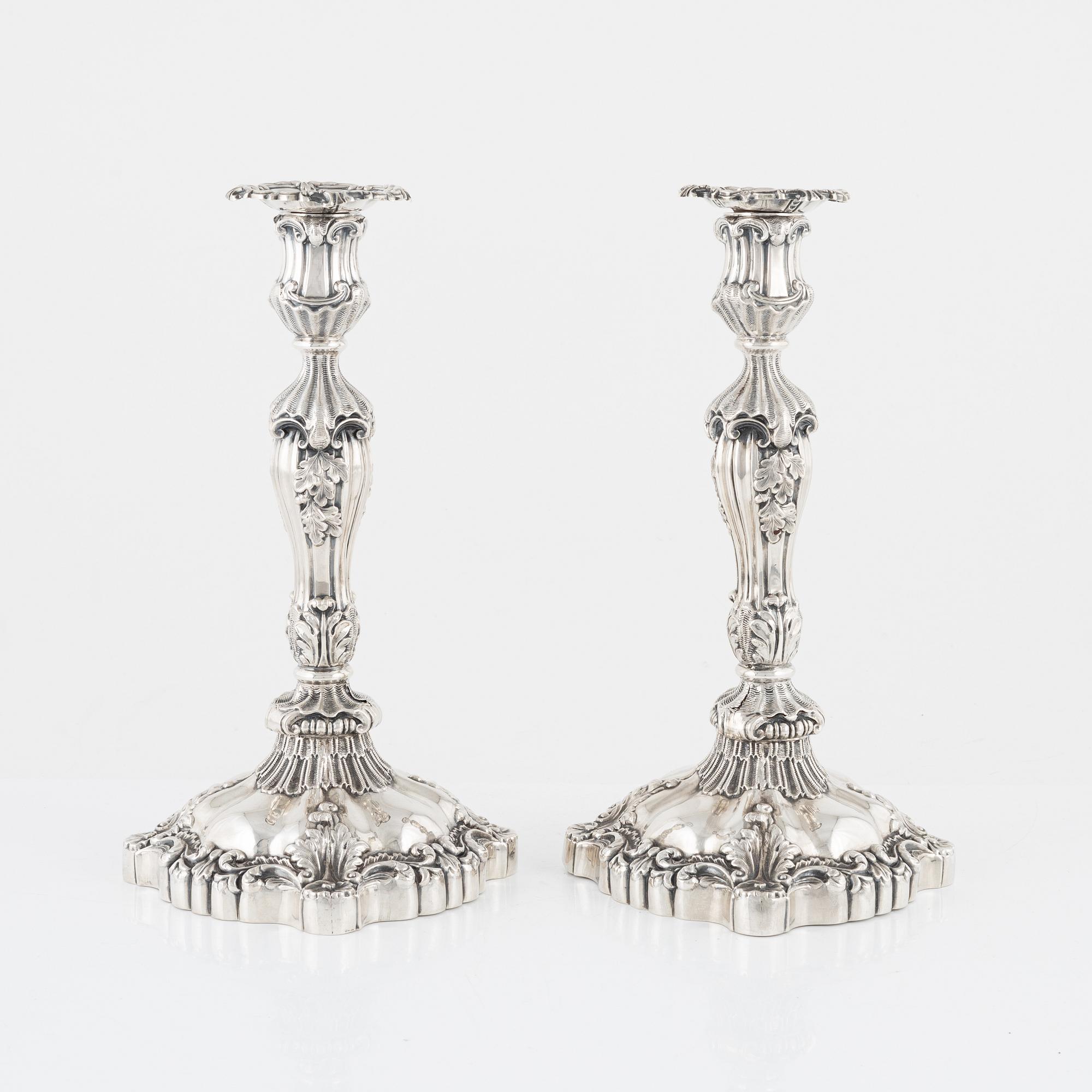 Gustaf Möllenborg, a pair of neo-Rococo silver candlesticks, Stockholm, 1844.